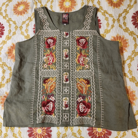 Johnny Was Olive Orla 100% Linen Embroidered Tank Top Sz XL - Picture 1 of 6